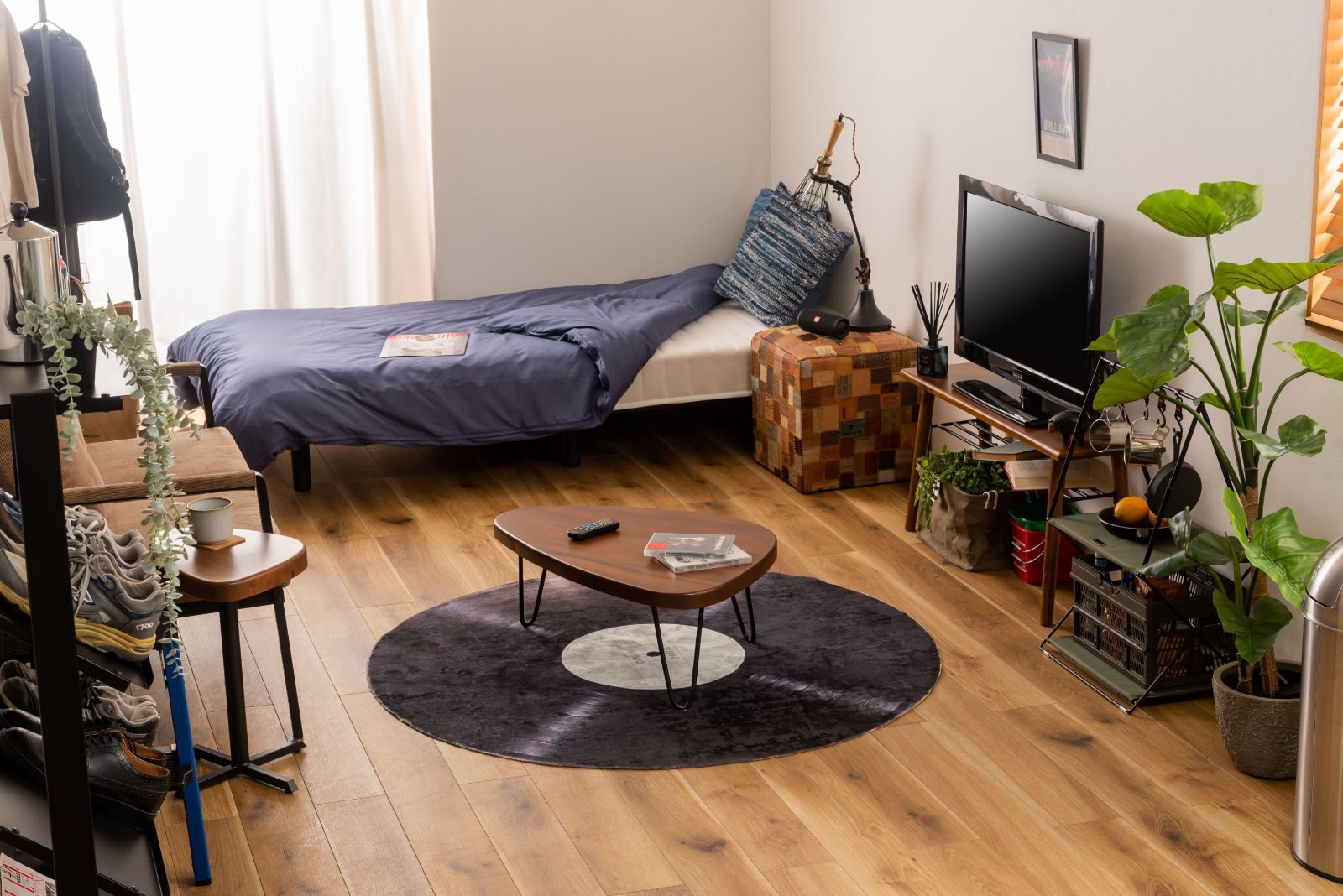 本州 ラグ レコード 写真 個性派 リアルプリント ブラック シンプル 滑り止め加工 インテリア 約φ140