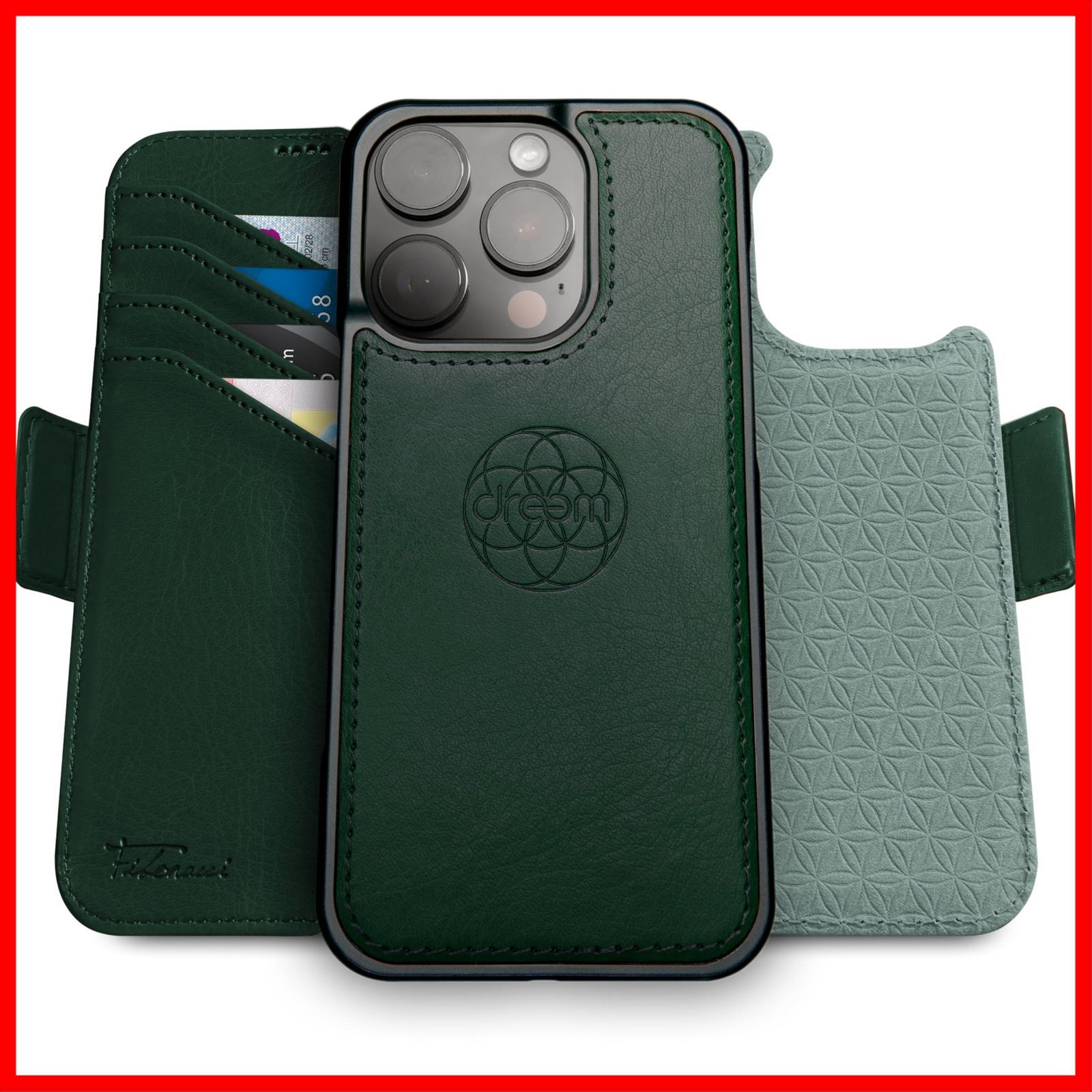 商品 ヴィーガンレザー製 - マグネット着脱式 Max用 耐衝撃 Pro 携帯電話ケース 16 RFIDカード保護機能 iPhone Apple 2通りに使えるフリップスタンド付き 財布型ケース - フィボナッチ Fibonacci 2イン1 グリ