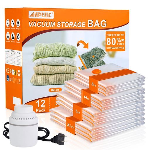 圧縮袋AGPTEK布団圧縮袋衣類圧縮袋(12枚セットS/M/L/XL各3枚電動ポンプ付き)真空パック掃除機対応ふとん収納袋PA+PE材質防湿防塵防カビ防虫ダニ対策毛布収納可引越し旅行出張梅雨季節着替え…