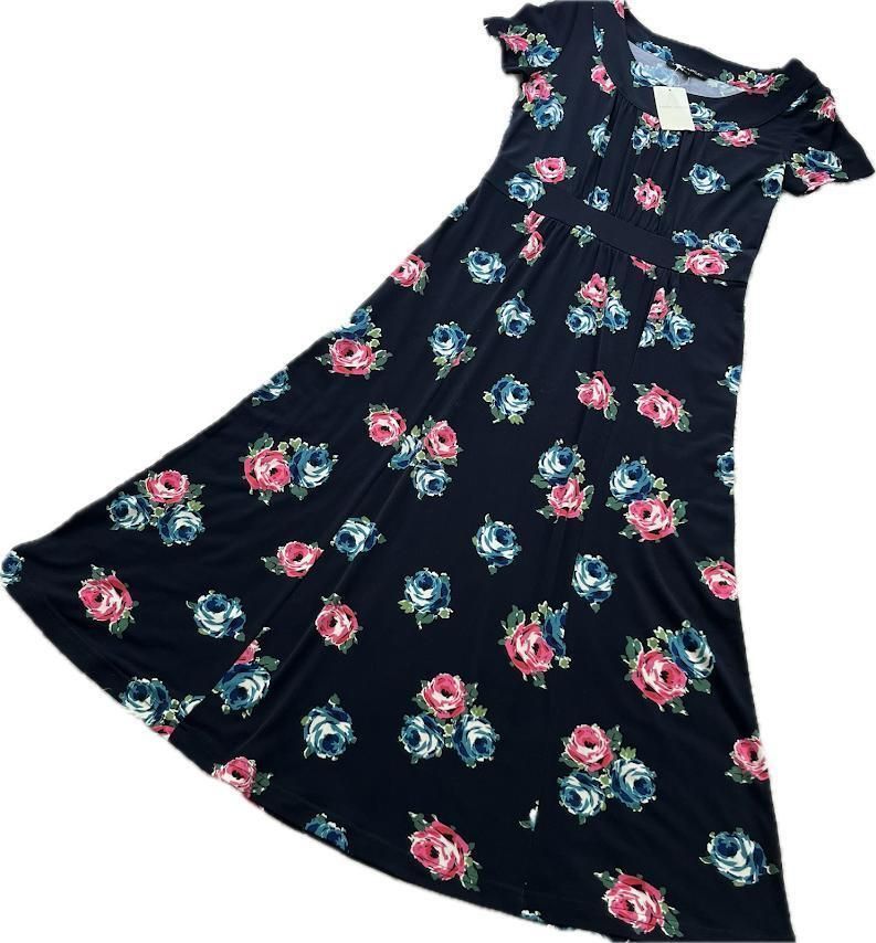 LAURA ASHLEY ローラアシュレイ ロングワンピース 半袖 7 フ Aライン 花柄 薔薇 ブラック エレガント カジュアル
