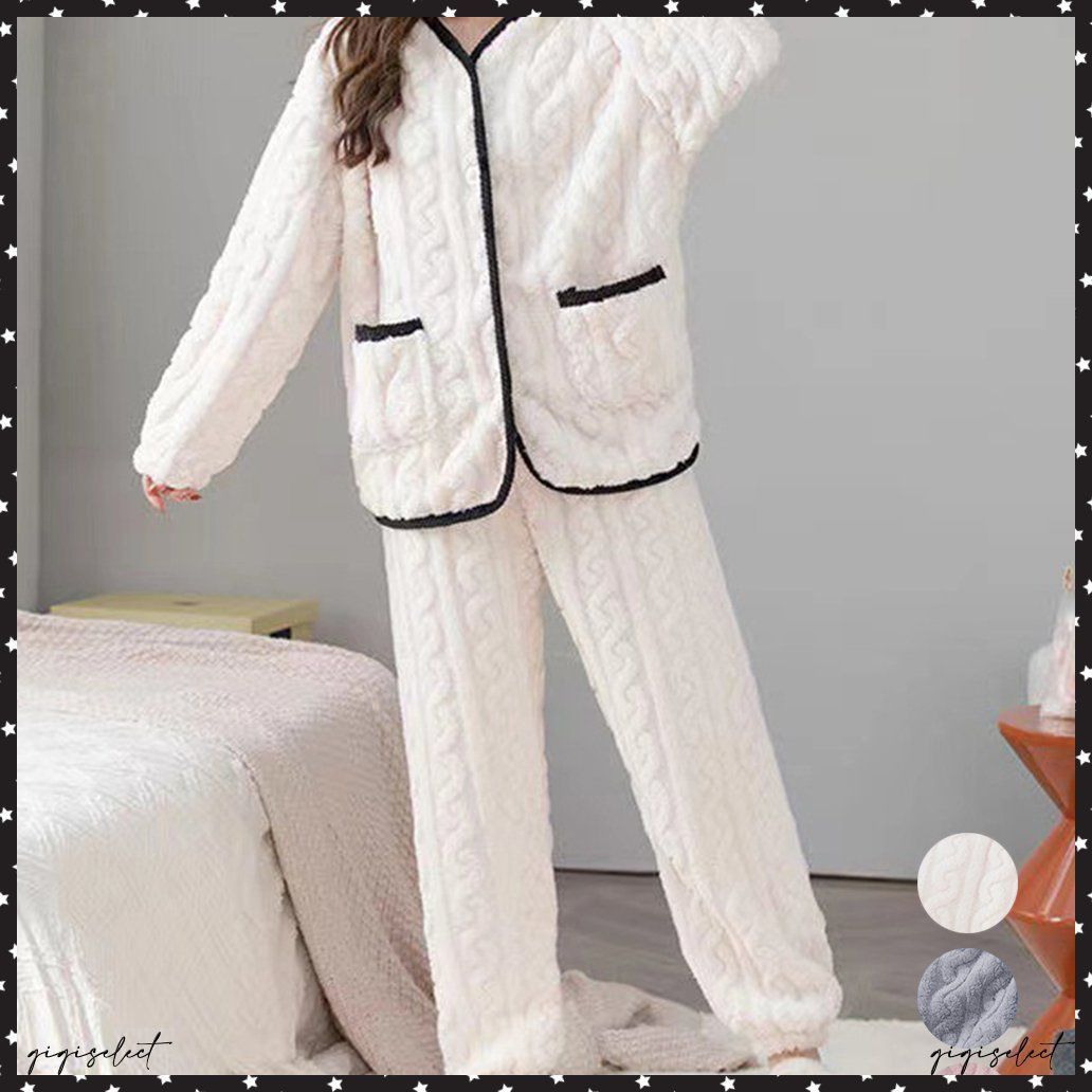 フリースパジャマセット レディース部屋着 ケーブル柄ルームウェア セットアップ ポケット付き ふわふわ部屋着 軽く暖かい 長袖寝巻き もこもこボアパジャマ 冬防寒 可愛いルームウェア ナイトウェア 秋冬 リラックス お泊り