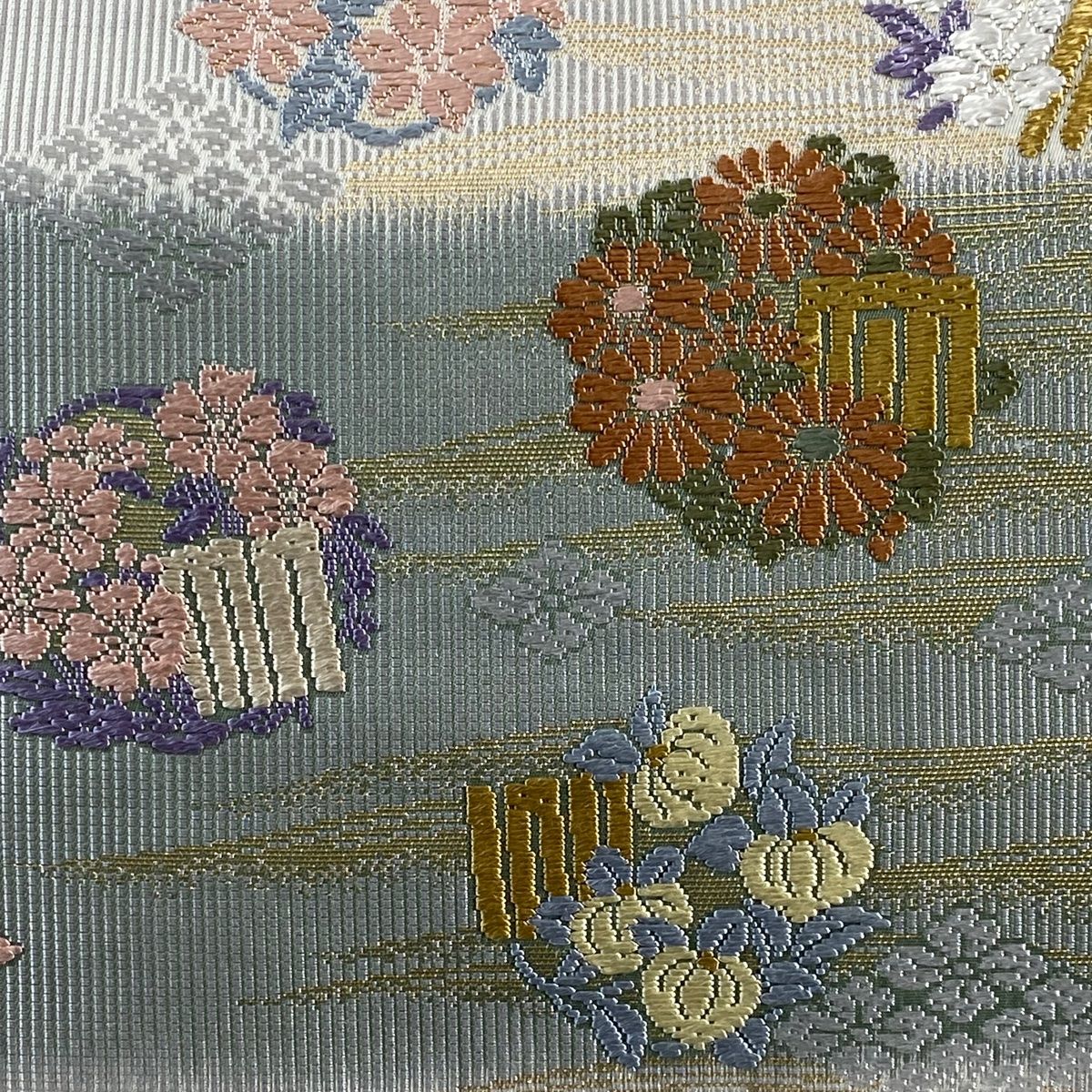 袋帯 吉祥花輪文 源氏香 唐織 箔 青灰色 六通 正絹