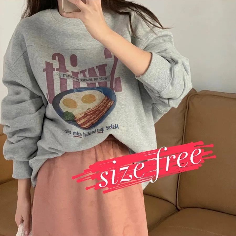 【裏起毛♪】韓国ファッション　レディース　トレーナー　ぬくぬく　グレー　オフホワイト　ベーコンエッグ　リンクコーデ　オソロイ　ペアルック