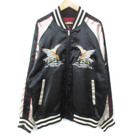 ジャパニーズトラディショナル JAPANESE TRADITIONAL スカジャン ブルゾンジャケット ミドル丈 ジップアップ 刺繍 L 黒 ベージュ ブラック /FF13 ■GY18