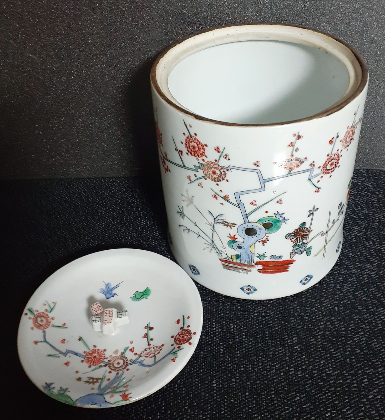 明治時代～大正時代ころ 錦手 【柿右衛門手】 梅に鶯 生垣図 水指