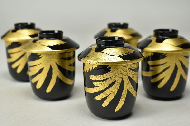 蔵A5573b 岡本陽斎 鳳凰蒔絵 小吸物椀 五客 共箱