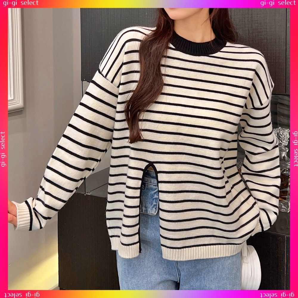 ニットトップス フロントスリット 秋冬レディース ボーダー柄 ニット