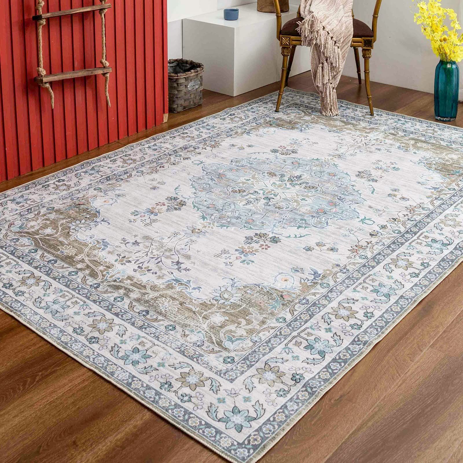 3畳 ペルシャ絨毯風 ラグ 洗える 花柄 カーペット オールシーズン 軽量 滑り止め グリーン DECOMALL 緑 防ダニ 防臭 床暖房対応