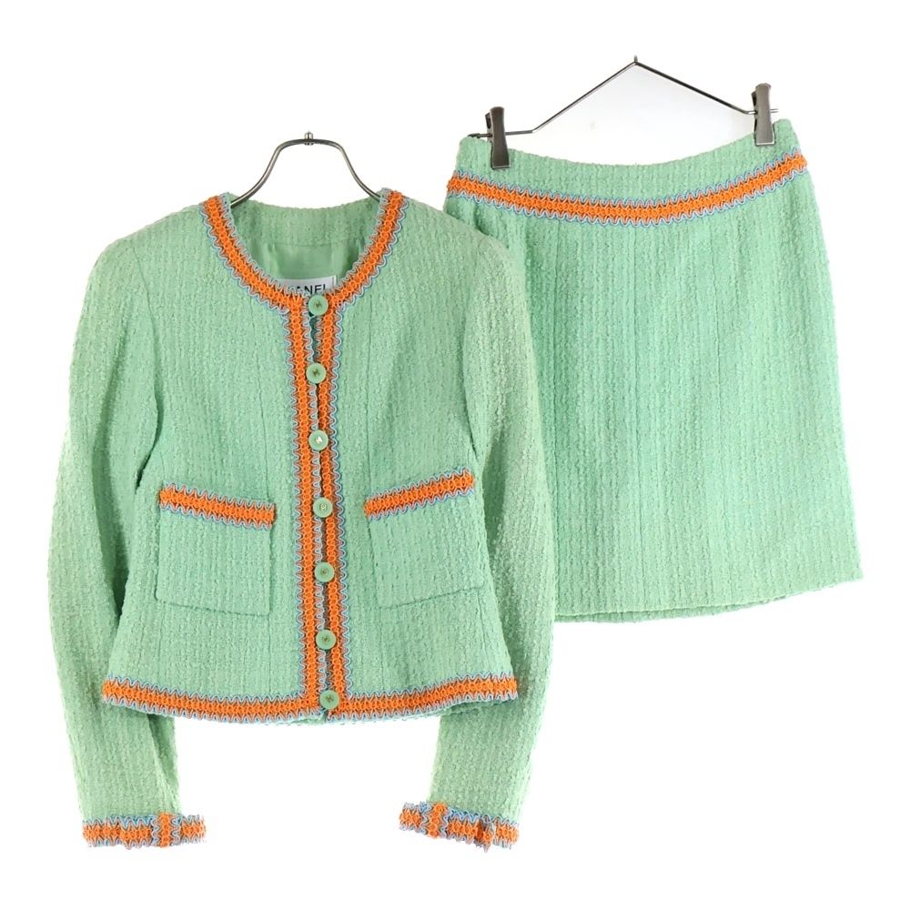 CHANEL シャネル 94P スプリングコレクション セットアップ ココマークボタン コード刺繍 ウール ツイード ノーカラージャケット タイトミニスカート P03269