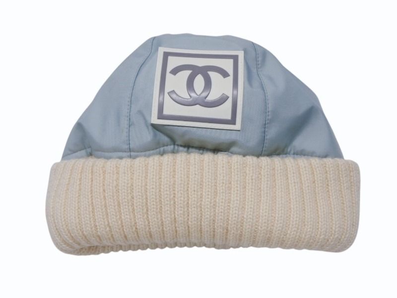 CHANEL シャネル スポーツライン ニット帽 ココマーク ポリエステル エラスタン アイボリー ブルー サイズM 4b007238