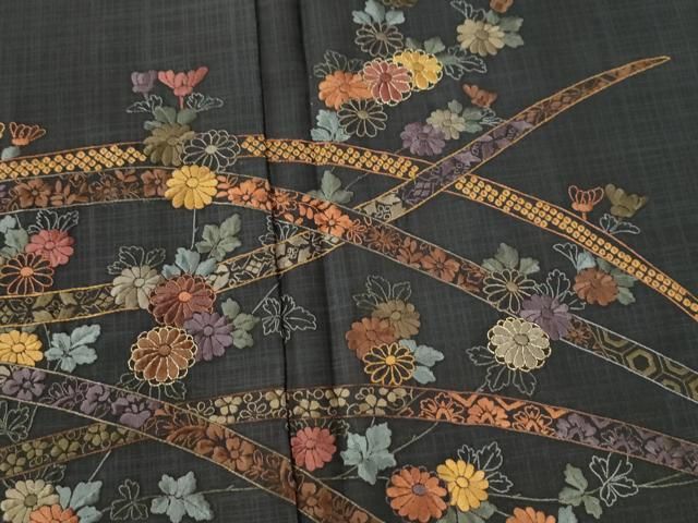 平和屋着物○訪問着 本場大島紬 総刺繍 鬘帯吉祥枝菊文 金糸