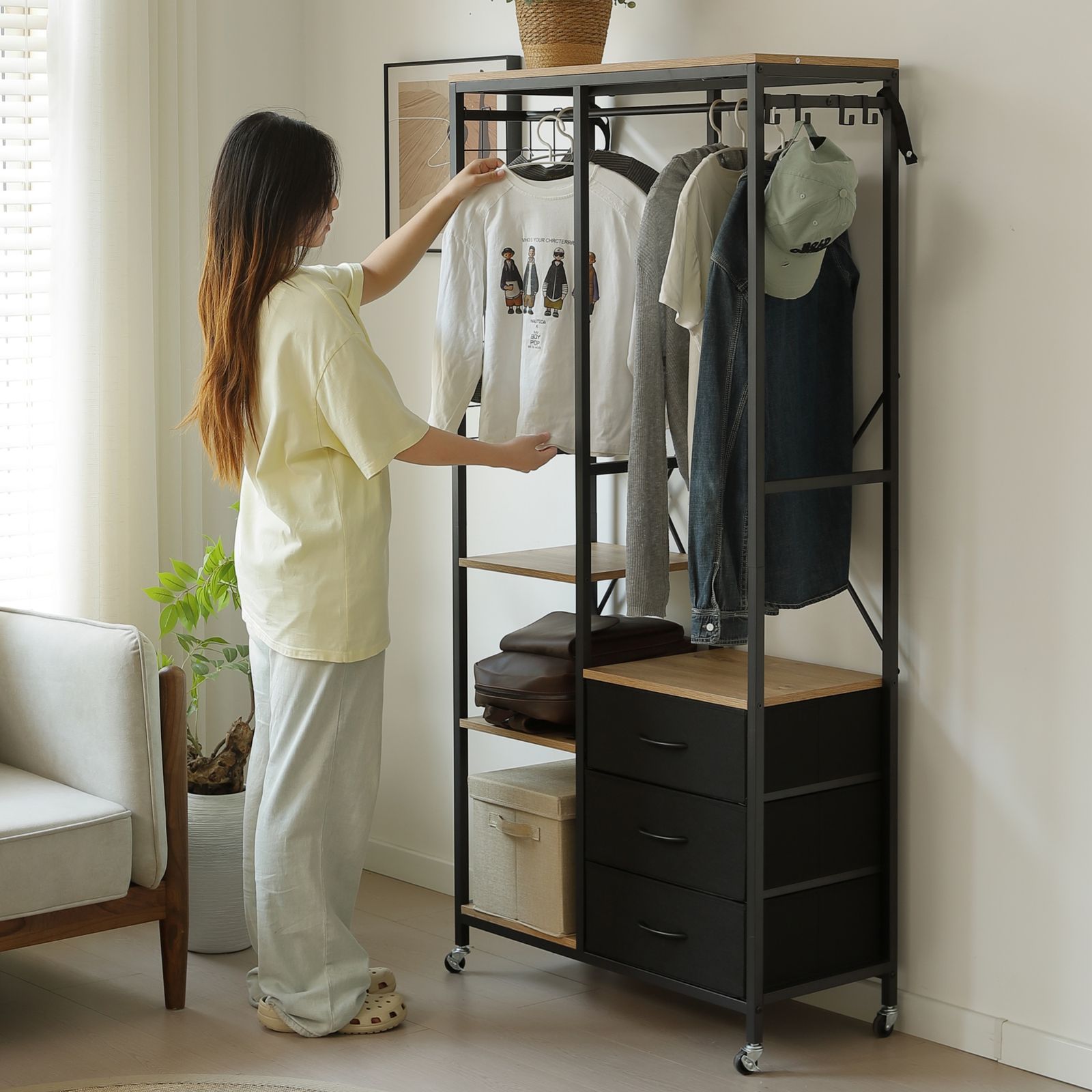 ハンガーラック 引き出し付きスリム 幅80cm 奥行35cm タンス付き