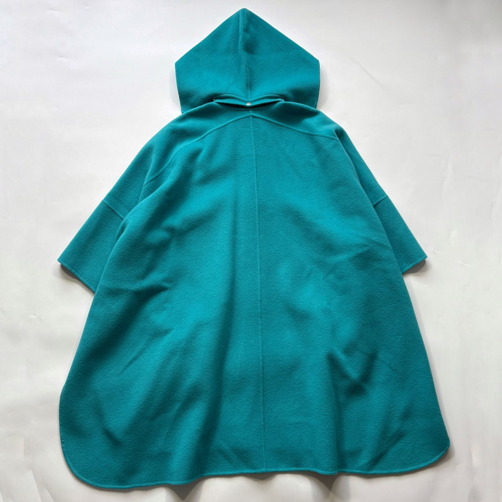 Drawer ドゥロワー ウール ケヌキ ポンチョ コート ターコイズブルー フード取り外し 36サイズ WWW_MORNINGWALKER_COM