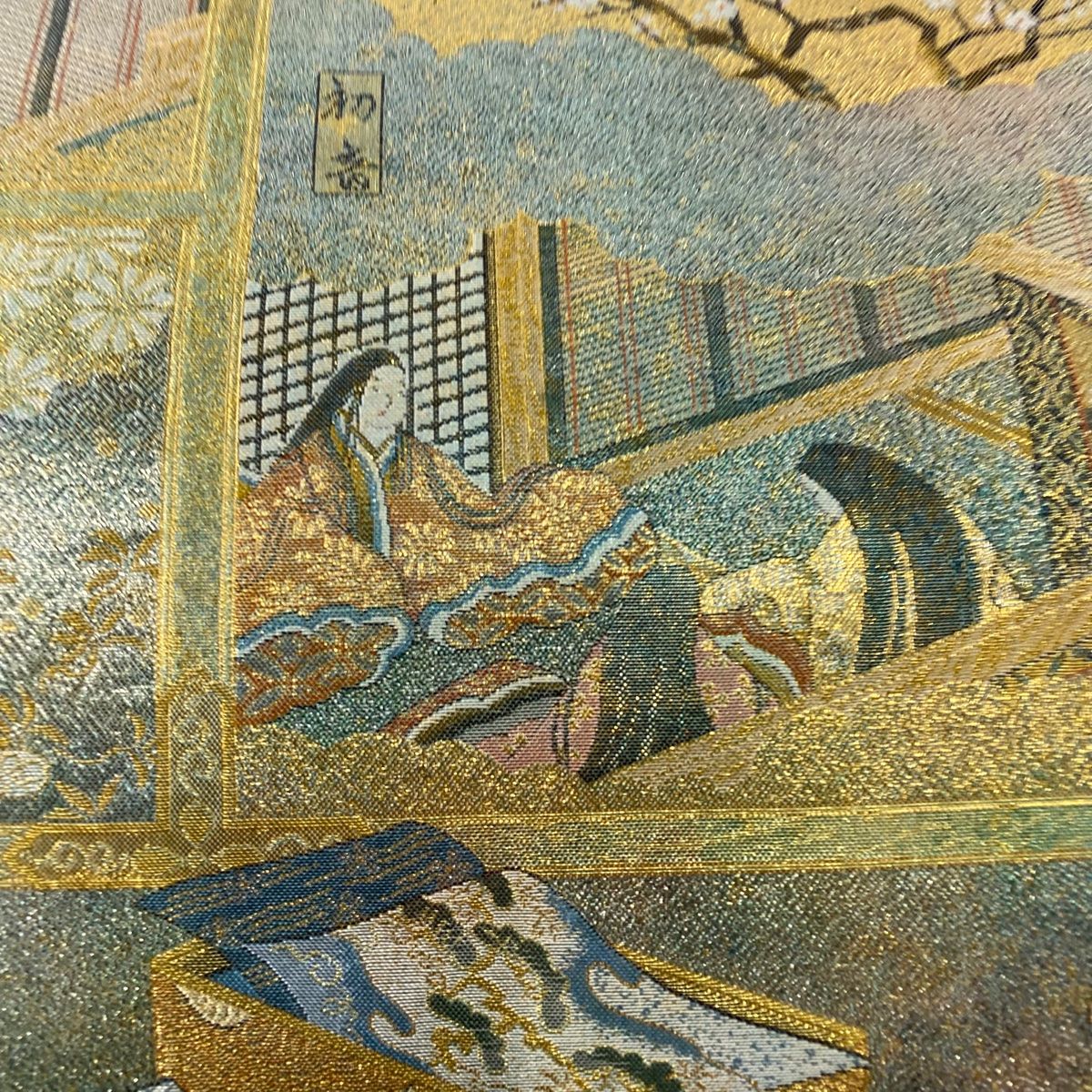 丸帯 名品 落款 徳川美術館秘蔵 御所風景 人物 金糸 箔 灰緑 お太鼓柄 正絹