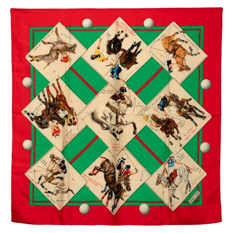 エルメス カレ90 LE MONDE DU POLO ポロの世界 レッド マルチカラー シルク レディース HERMES 1-0232885