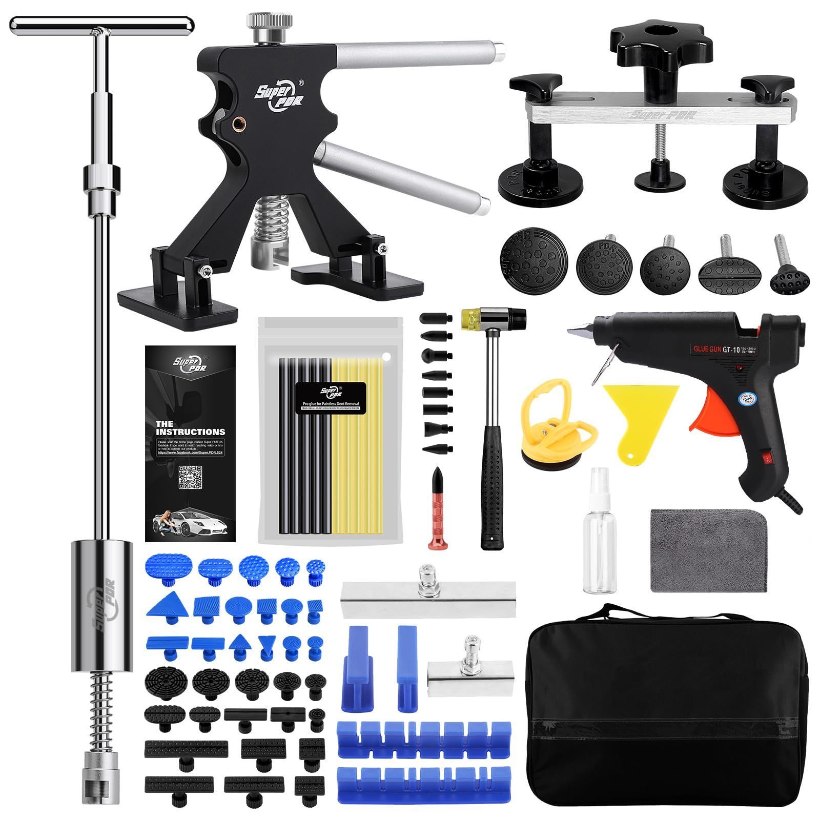 【特売】Super PDR デントリペア 73PCS デントリペアツール 車 凹み 修理 デントリペア 工具 ヘコミ修理 塗装が不要 デントリフター スライドハンマー 引っ張り工具 100Wグルーガン 収納バッグ付