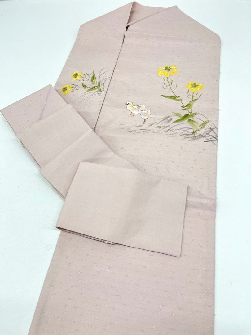 ひげ紬地 手描き 九寸名古屋帯 ひよこ 菜の花 正絹 Q1146