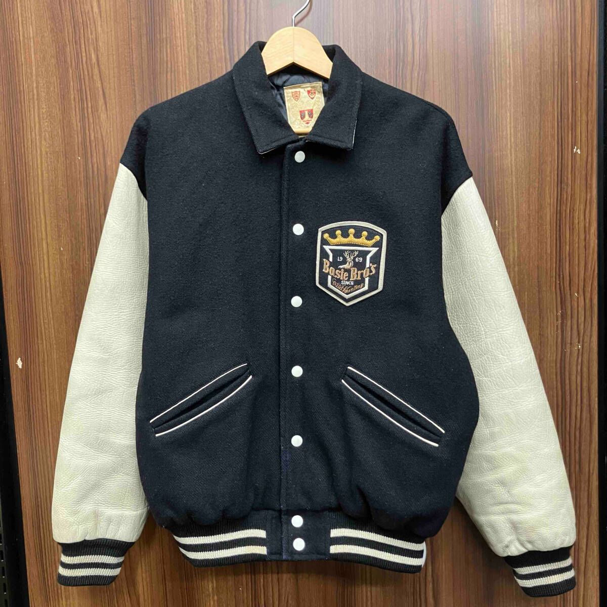 Basie Brothers/古着スタジャン 0031-679 ブラック ホワイト サイズM