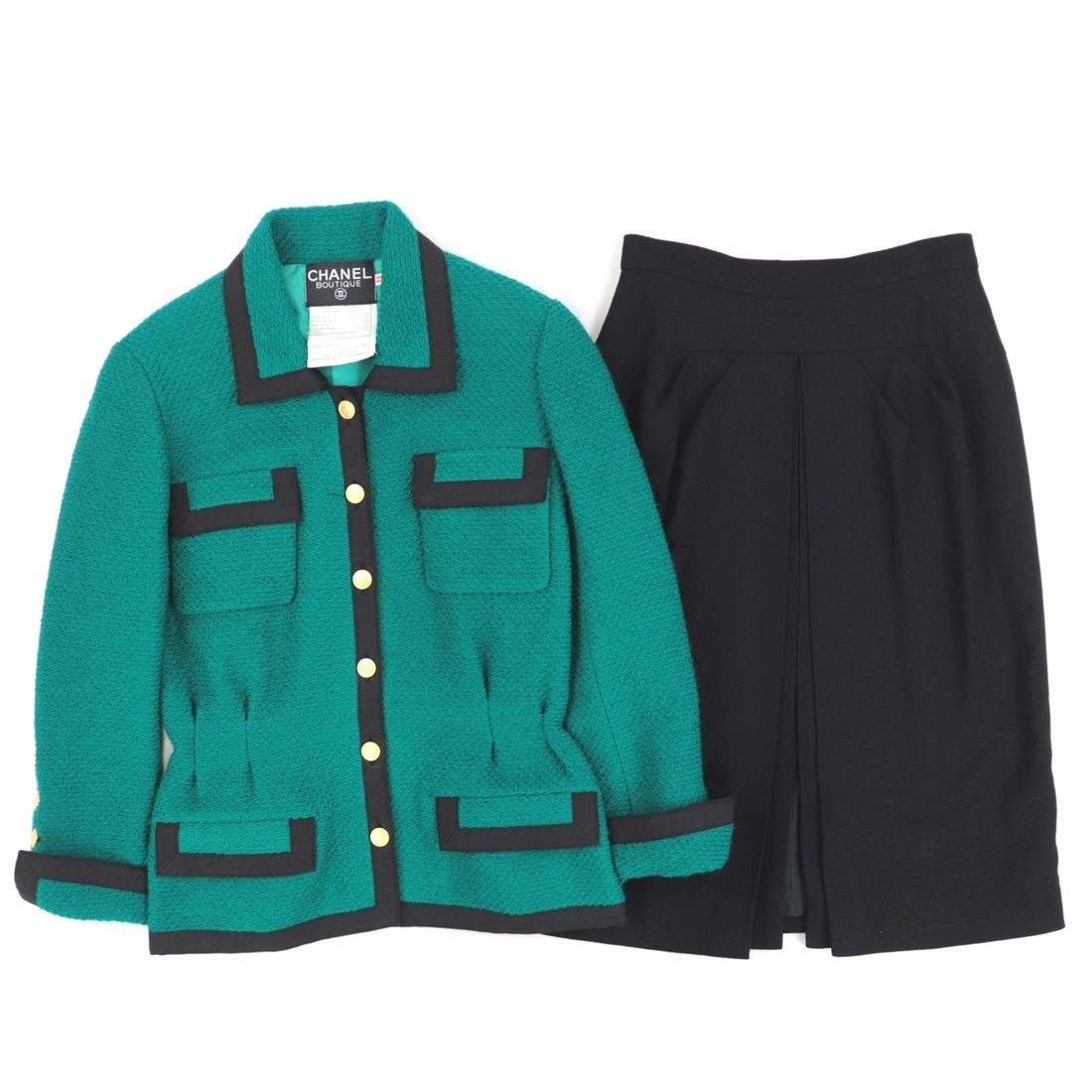 シャネル ヴィンテージ セットアップ レディース ウール 緑 黒 38 スカート スーツ ジャケット ココマークボタン グログラン CHANEL -  メルカリ