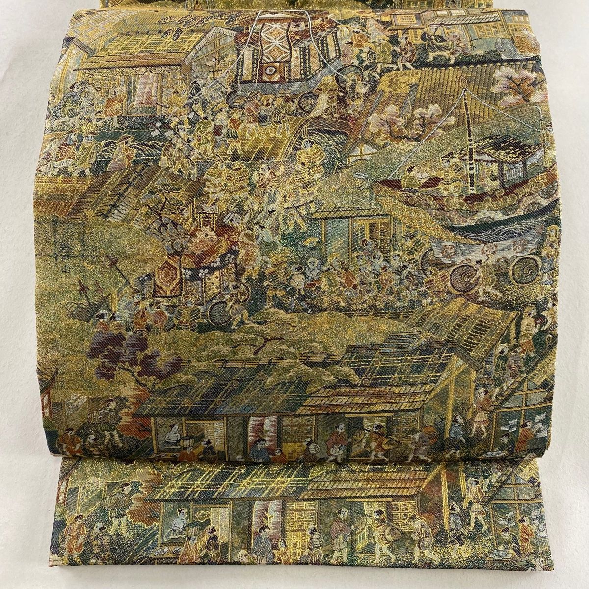 丸帯 名品 洛中洛外祭礼之図 山鉾 本金箔 金糸 灰緑 お太鼓柄 正絹