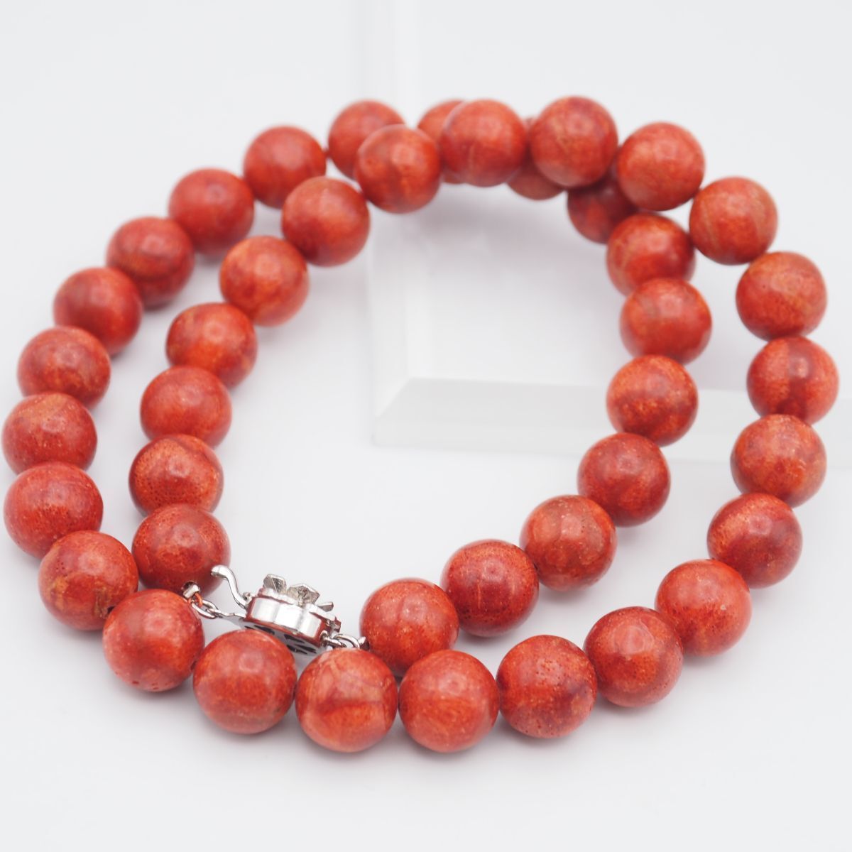 艶々✨もも珊瑚 丸玉 デザイン ネックレス silver刻印 約33.7g 大珠