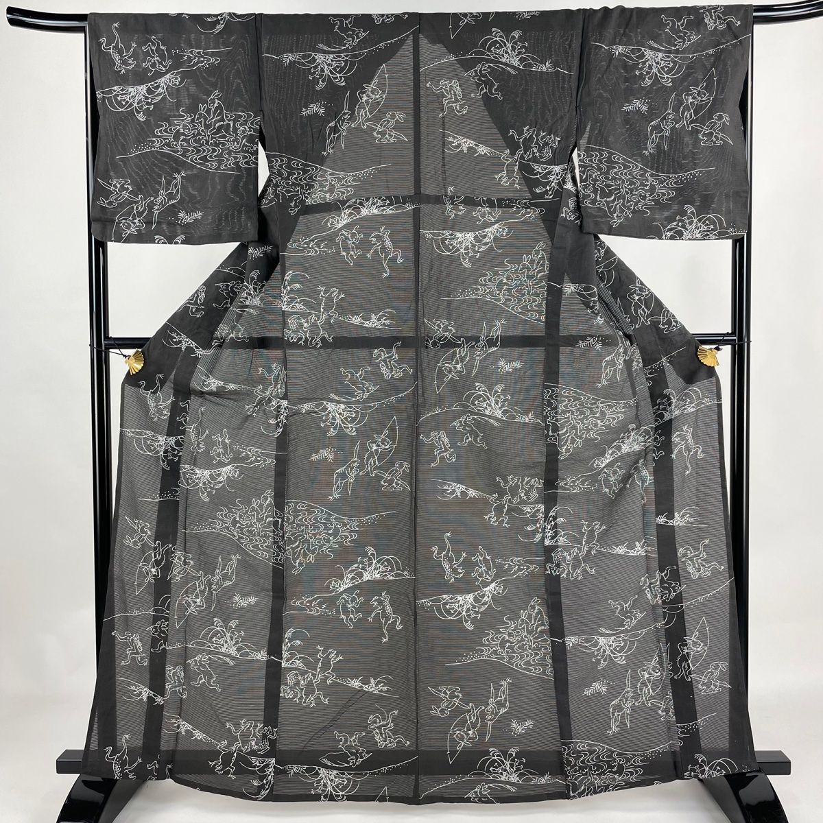 浴衣 身丈162cm 裄丈65cm M 絽 鳥獣戯画 灰茶 綿 秀品