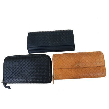 【中古】 3点セット ボッテガヴェネタ BOTTEGA VENETA イントレチャート 長財布 二つ折り ラウンドファスナー ブラック レザー 09BK575