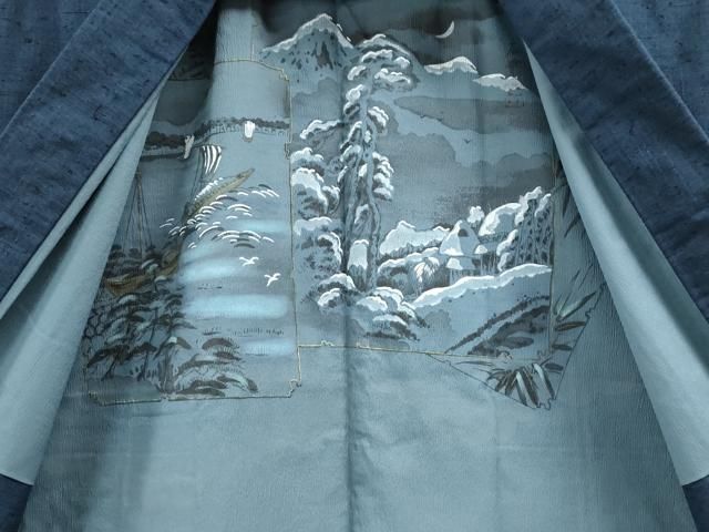 平和屋着物○男性 髭紬 アンサンブル 色無地 留紺色 正絹 逸品