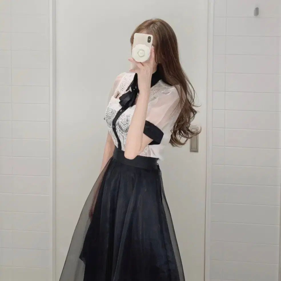 デリスン レイ レース シースルー ブラウス シルキー オーガンザ フ 船体 スカート