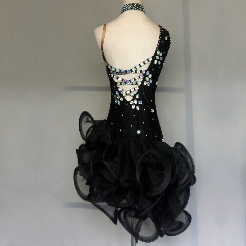 カラー ラテンダンス ドレス レディース XLサイズ 若い女性向け 競技用 社交ダンス衣装 発表会 ステージ衣装 ブラック スパンコール ラインストーン ワンピース ラテンドレス 演出服 パーティー 舞台衣装 ダンス発表会 練習着 ダンスウェア