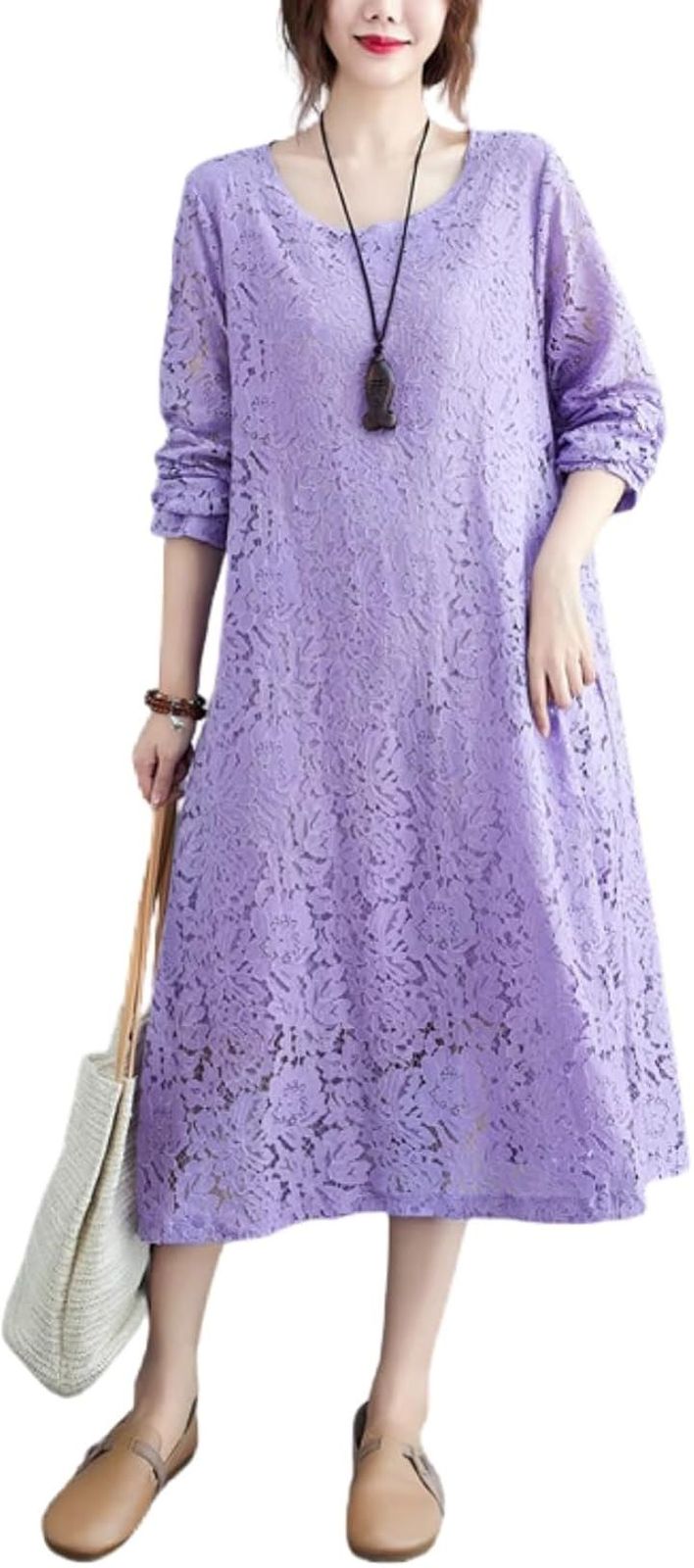 グリーンパキラ 総レース ロングワンピース 長袖 ゆったり 体型カバー