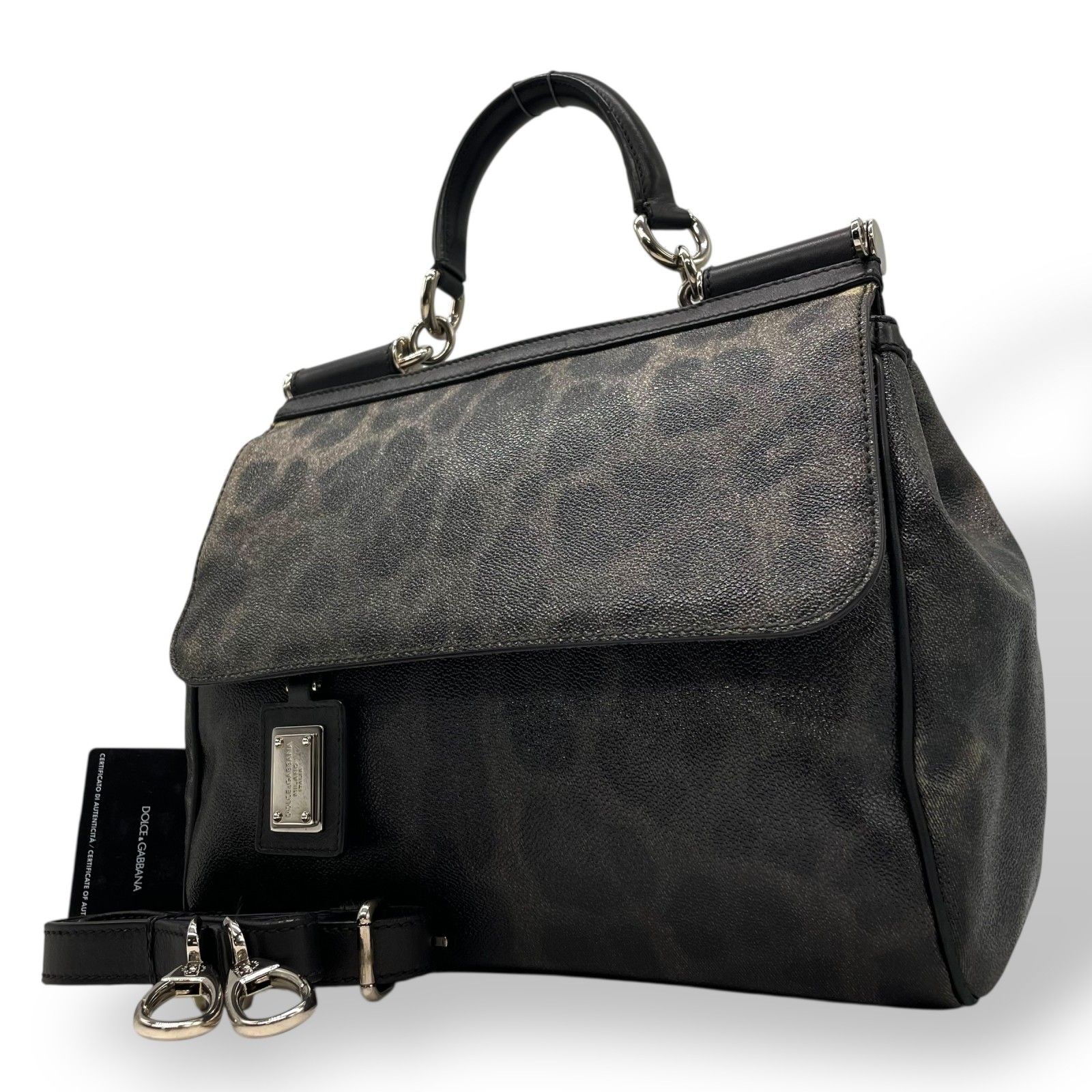 DOLCE-GABBANA ドルチェ＆ガッバーナ シシリー 2WAY ハンドバッグ ショルダーバッグ ドルガバ レオパード ヒョウ柄 レザー PVC 黒 ブラック ダークグレー レディース D-G フラップ開閉 シルバー金具 ギャランティカード付き B2