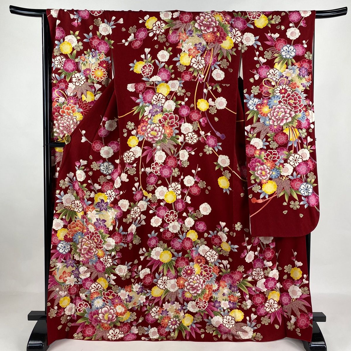 振袖 身丈168.5cm 裄丈68cm L 袷 桜 牡丹 箔 金彩 えんじ色 正絹 名品