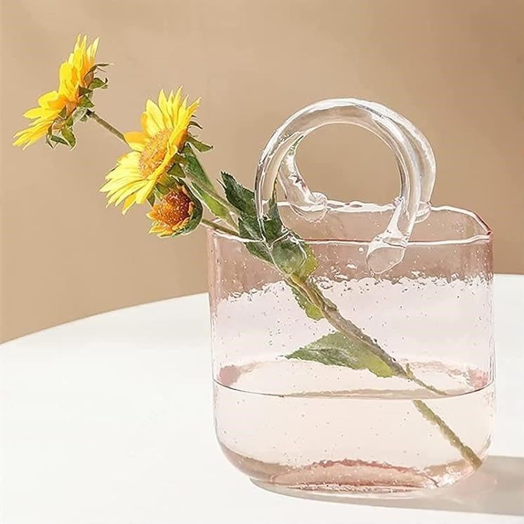 ガラス フラワーベース バッグ型 花器 ピンク 透明 気泡入り ガラス フラワーベース バッグ型 花器 ピンク 透明 気泡入り