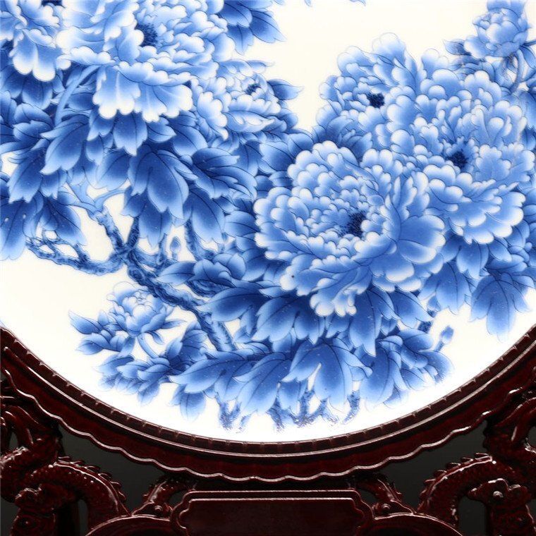 景徳鎮 磁器 牡丹 藍釉 青花 陶磁器 観賞皿 置物 中国美術品
