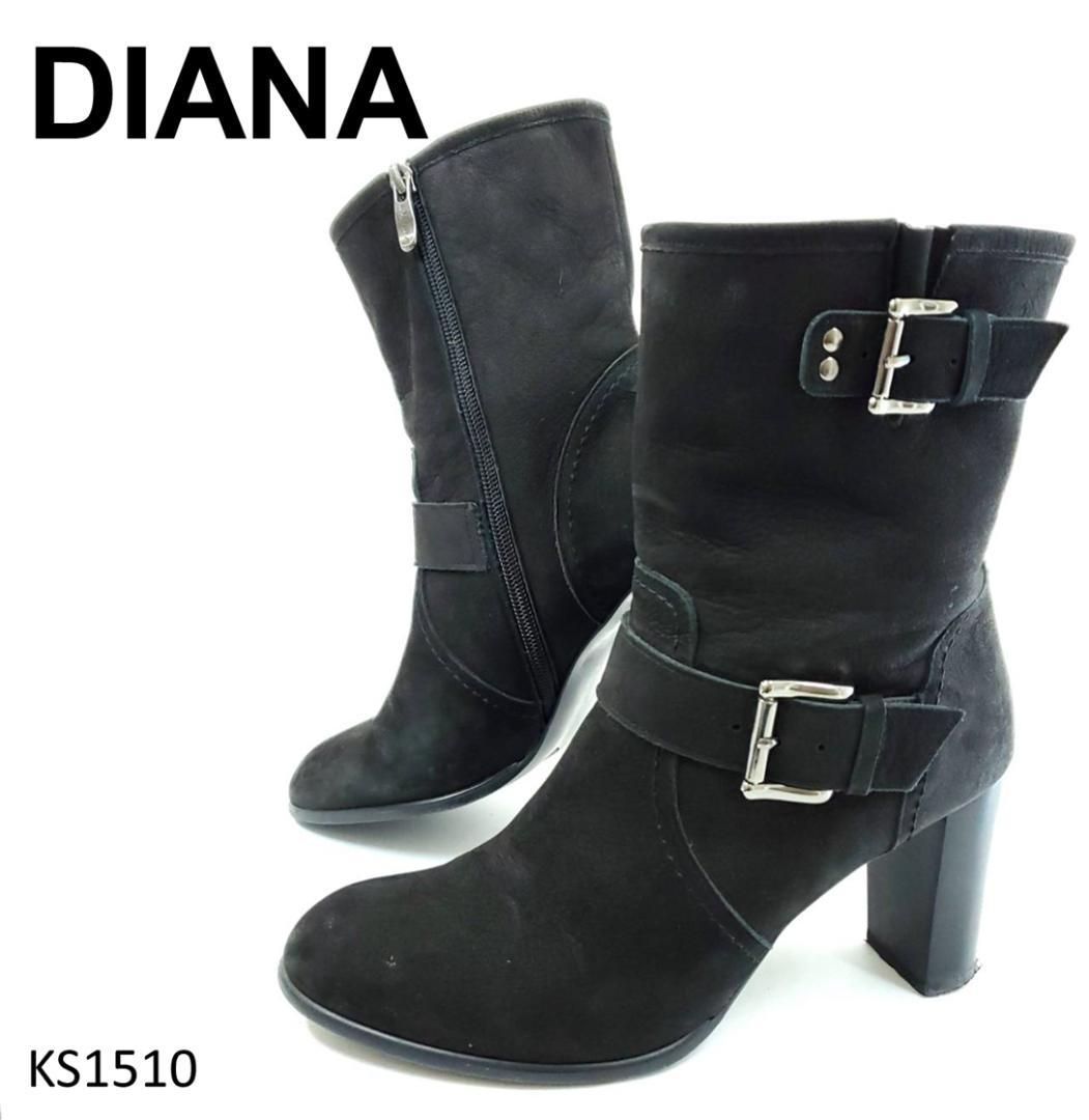 DIANA ショートブーツ サイドジップ ベルト ブラック チャンキーヒール 本革 羊革 レザー チャンキーヒール ショートブーツ ポイン
