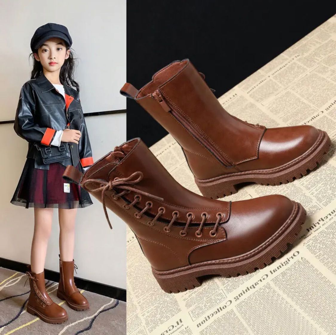 韓国】新品 キッズ ブーツ 19 子供靴 ブラウン 女の子 靴 本革