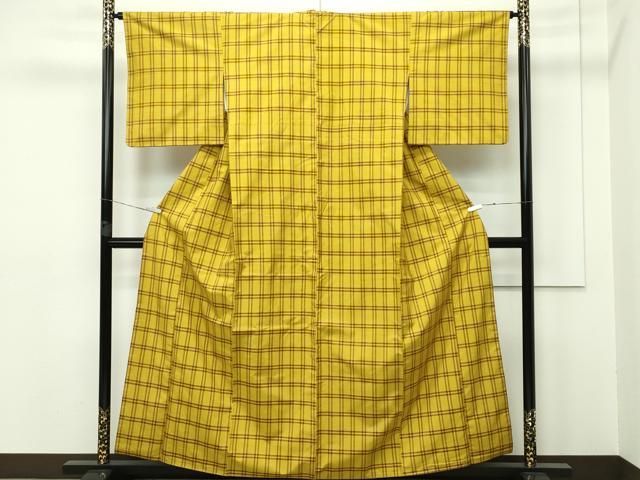 平和屋本店■超希少　本場黄八丈　東京都無形文化財　山下めゆ　草木染　格子柄　証紙付き　逸品　CZAA2662s5 平和屋本店□超希少 本場黄八丈 東京都無形文化財 山下めゆ 草木染