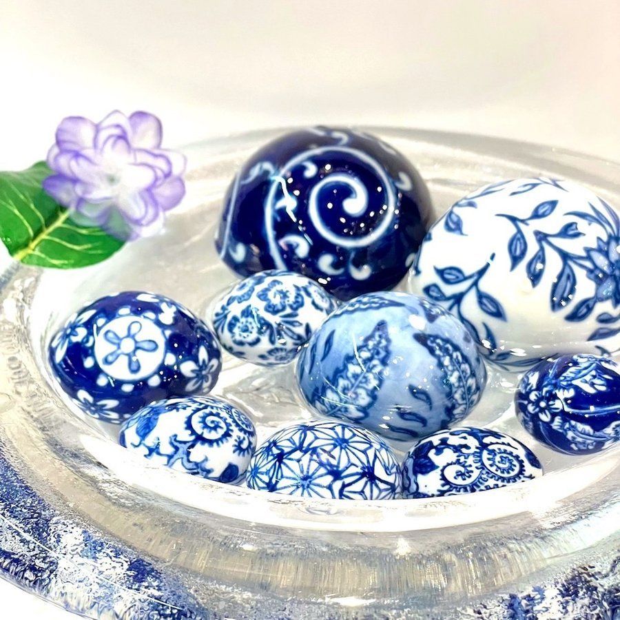青花 浮き球 大サイズ 3個セット アソート 浮き玉 花手水 納涼 陶器 青 柄 和風 ボール 浮き玉 池 ビオトープ めだか鉢 インテリア 和風 金魚鉢 飾り