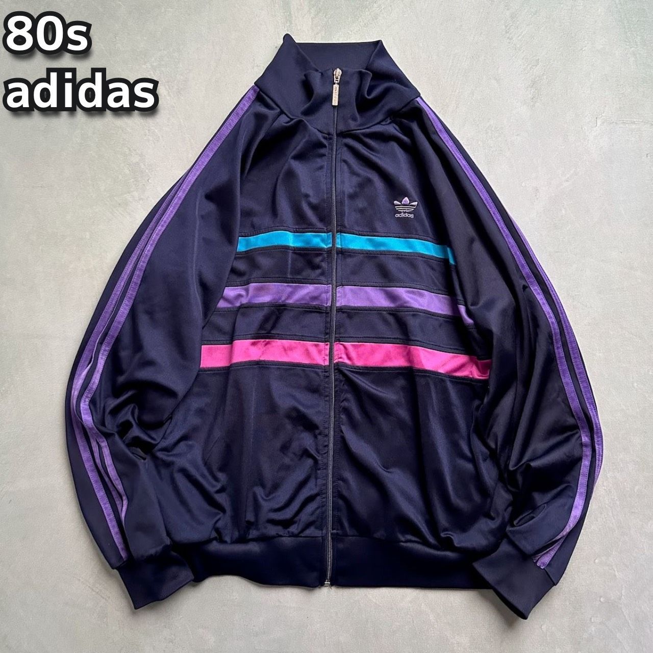 80s adidas アディダス トレフォイルロゴ スリーストライプス トラックジャケット ジャージ ネイビー 古着 - メルカリ