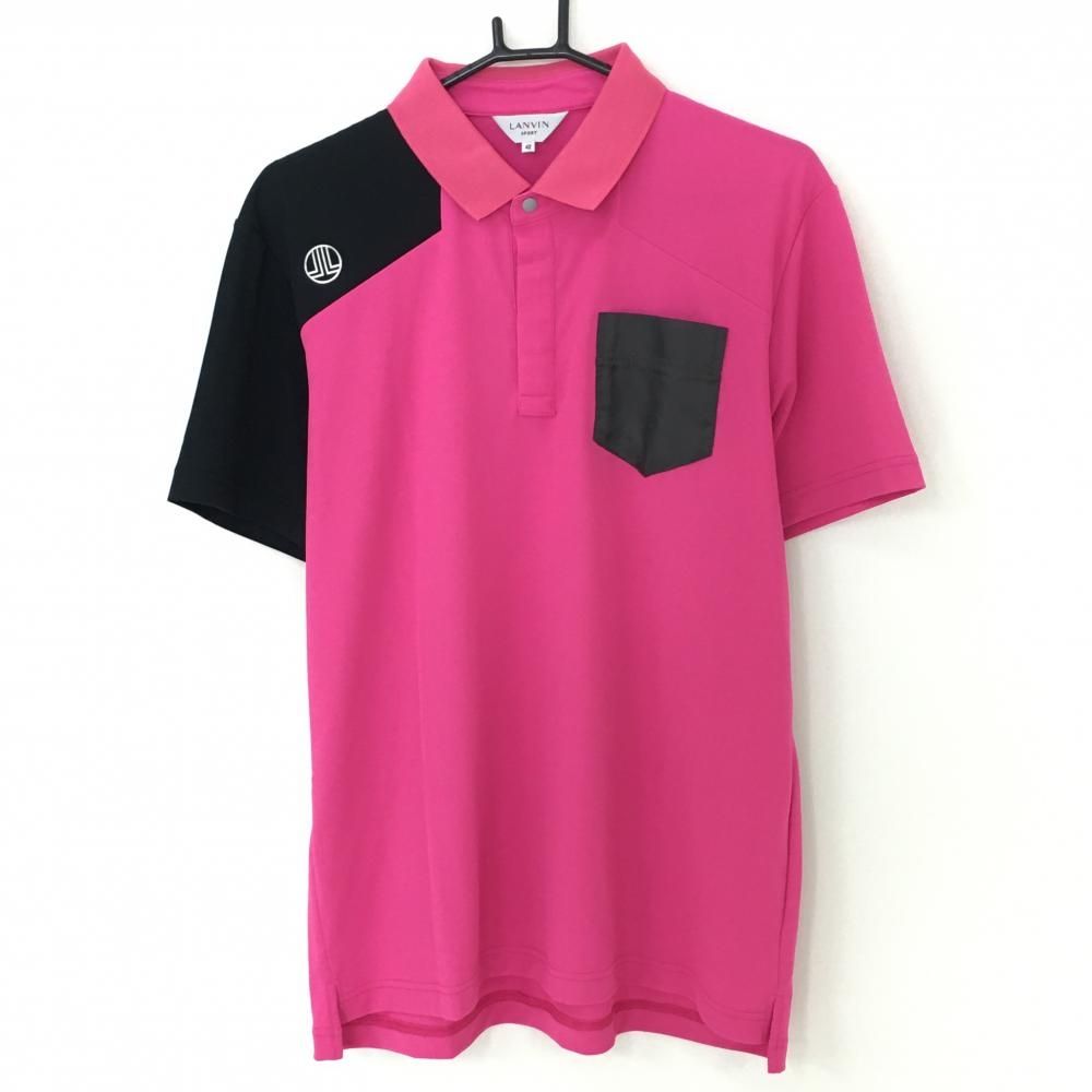 【超美品】ランバンスポール 半袖ポロシャツ ピンク×黒 胸ポケット スナップボタン メンズ 42(XL) ゴルフウェア LANVIN SPORT