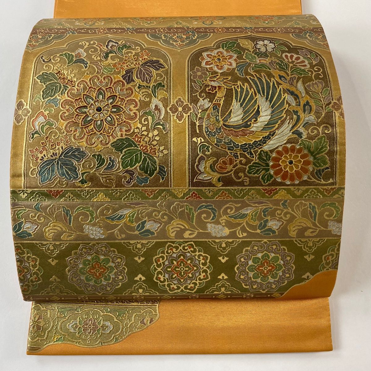 袋帯 秀品 華文 向かい鳥 金銀彩 オレンジ お太鼓柄 正絹