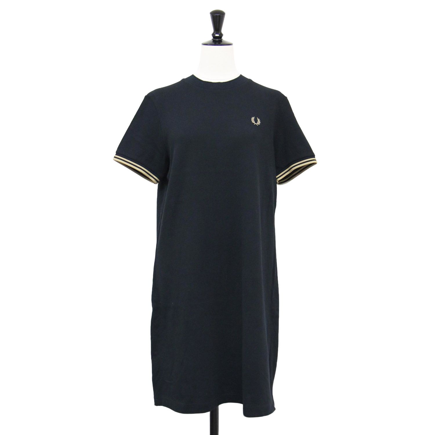 FRED PERRY フレッドペリー ワンピース ブラック ベージュ サイズ UK10 M | 鹿の子 ライン入り Tシャツ ワンピース | ミニ丈 半袖 クルーネック コットン | トップス ドレス レディース