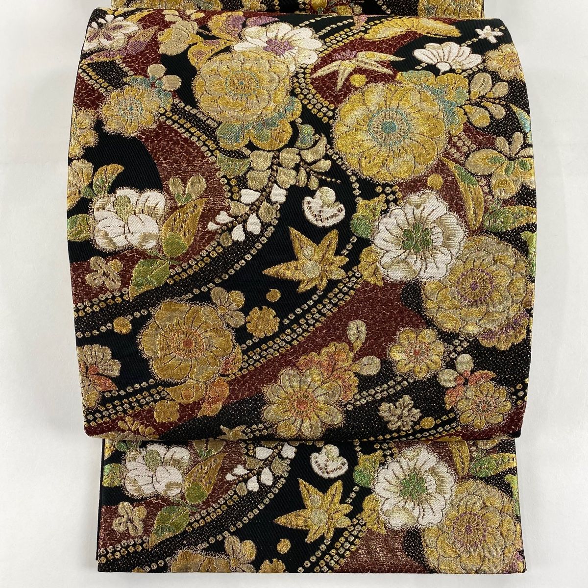 袋帯 秀品 やまと 草花 松 金糸 箔 黒 六通 正絹