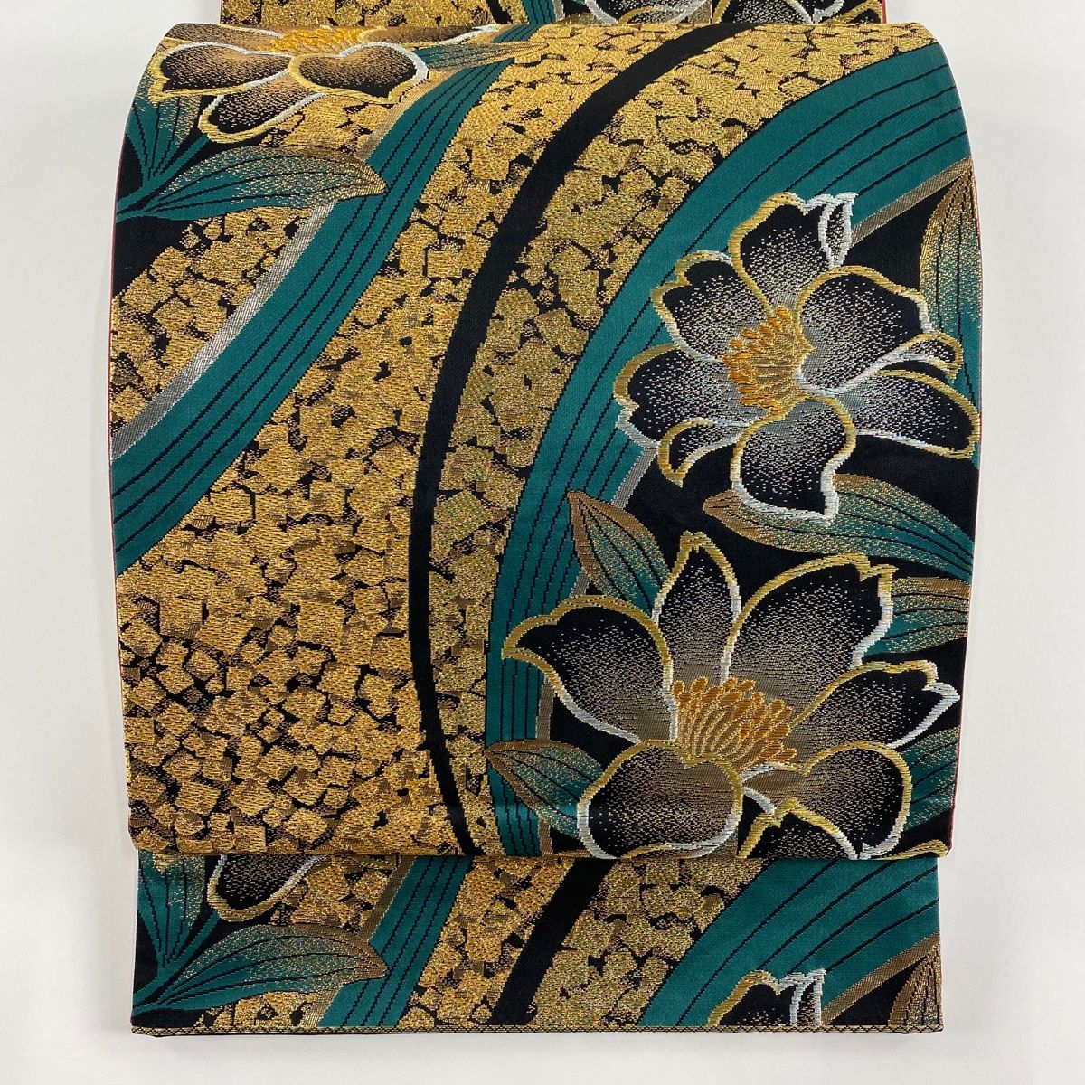 袋帯 美品 秀品 草花 箔ちらし 金銀糸 箔 黒 六通 正絹 【中古