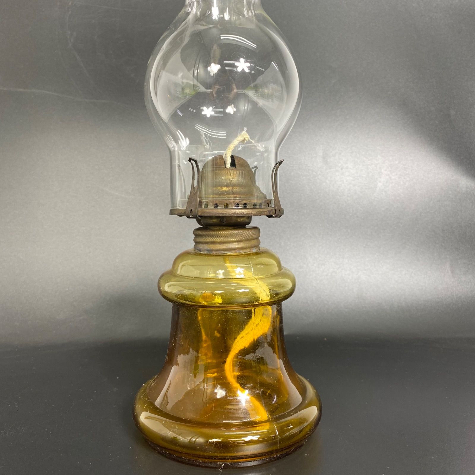 北一硝子 オイルランプ ガラス 真鍮調 アンティーク 台座付き