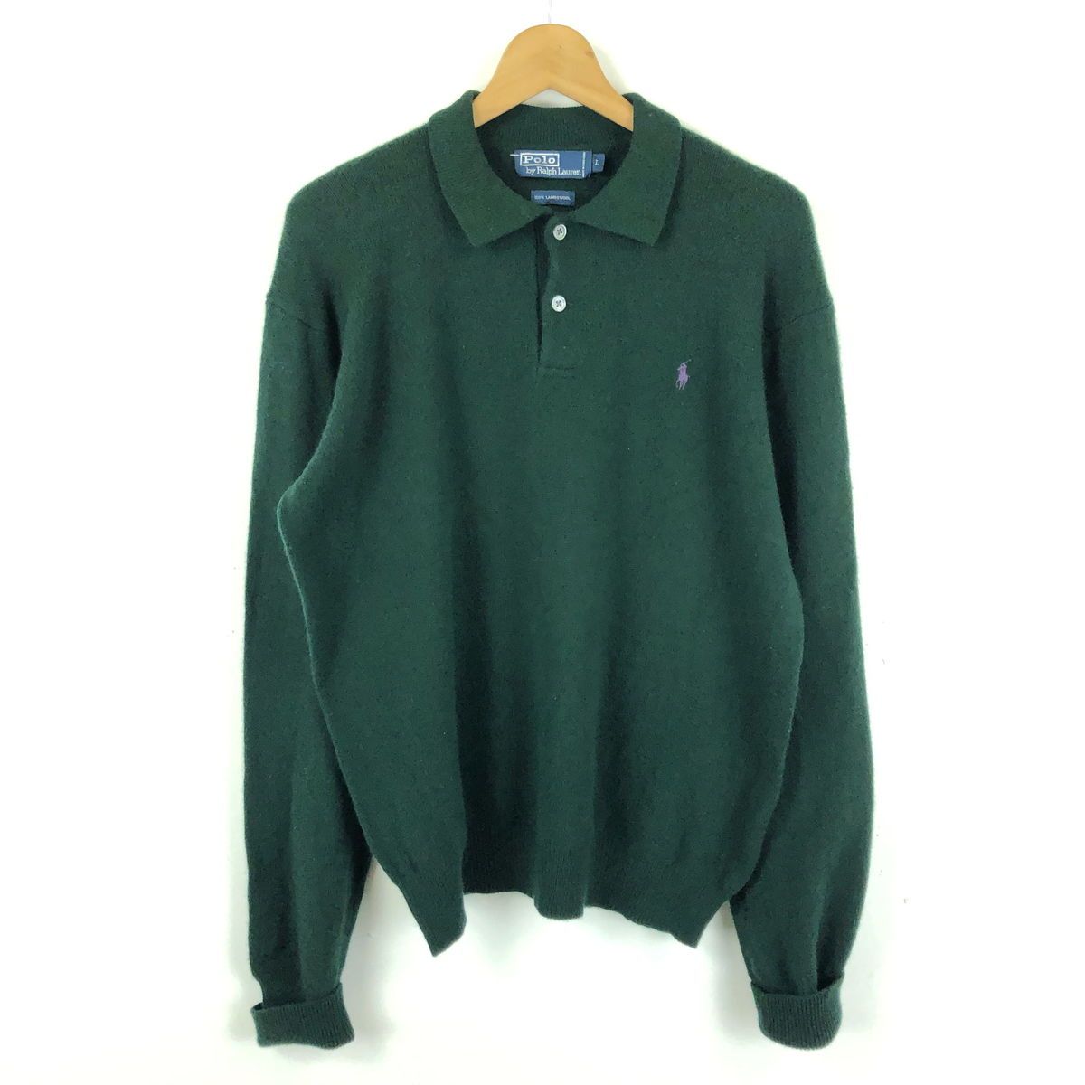【古着】 RALPH LAUREN ラルフローレン セーター 無地 ポロ襟 90年代 グリーン系 メンズL 【中古】 n047436