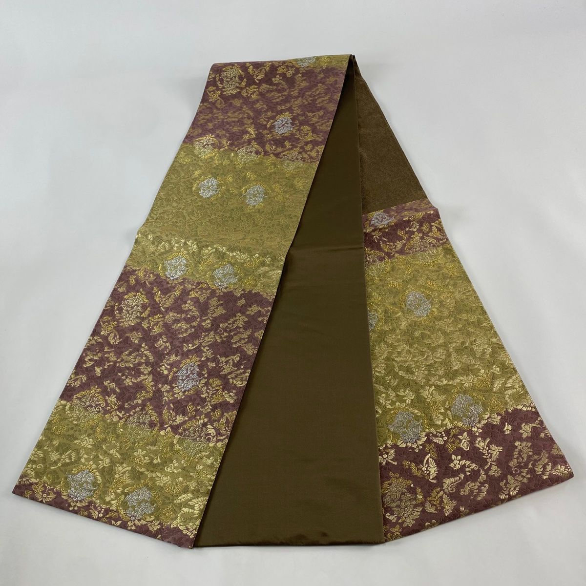袋帯 美品 秀品 花鳥 段縞 金銀糸 箔 茶紫 六通 正絹 【中古