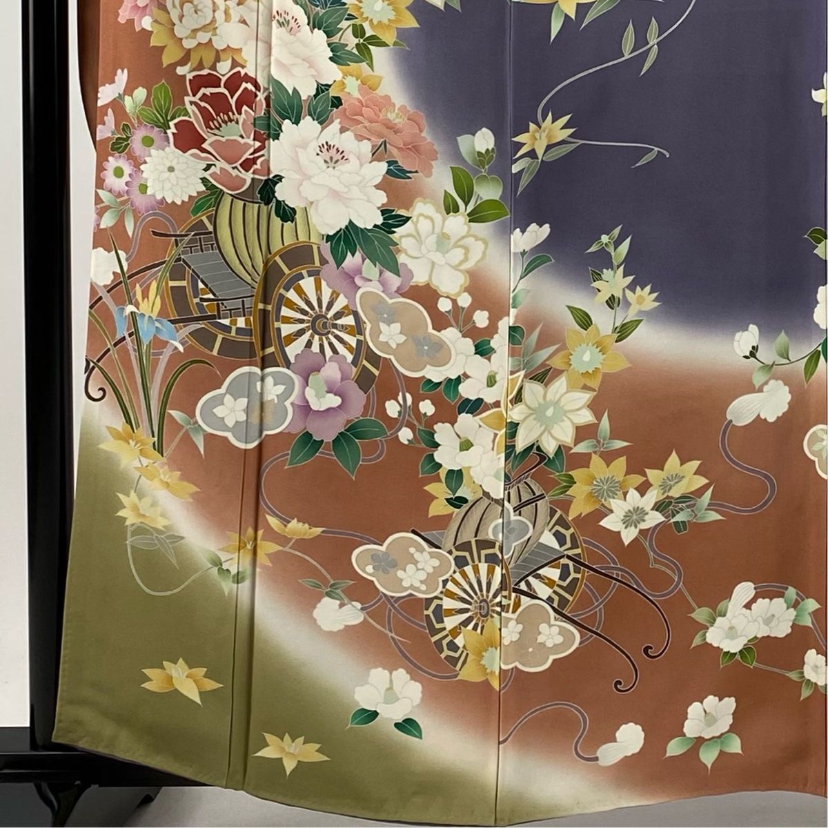 振袖 身丈162cm 裄丈64.5cm M 袷 花車 椿 染め分け ぼかし 薄オレンジ 正絹 秀品