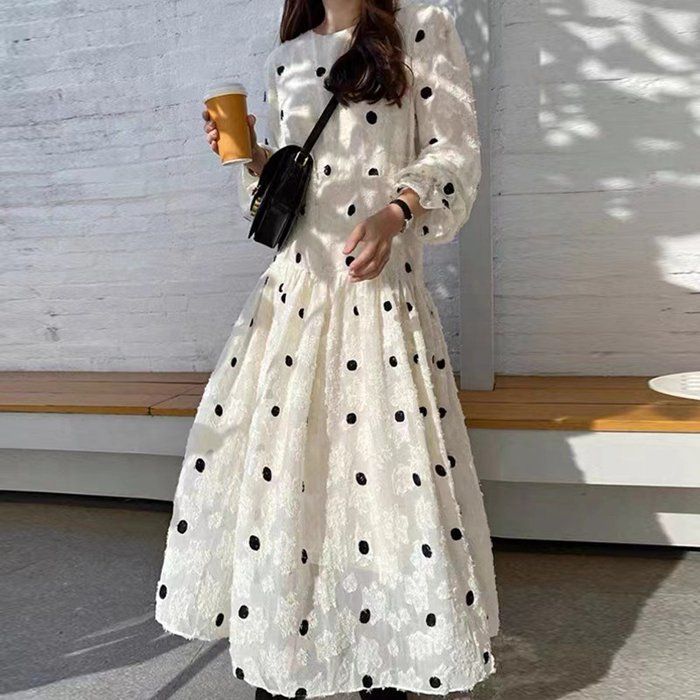ワンピース 長袖 レディース ロング ロングワンピ クルーネック ドット柄 水玉 シンプル カジュアル フォーマル 通勤 通学 大人 Aライン 体型カバー フ ワンピスター 秋冬 着痩せ オフィス xkmilyx80 DZ20